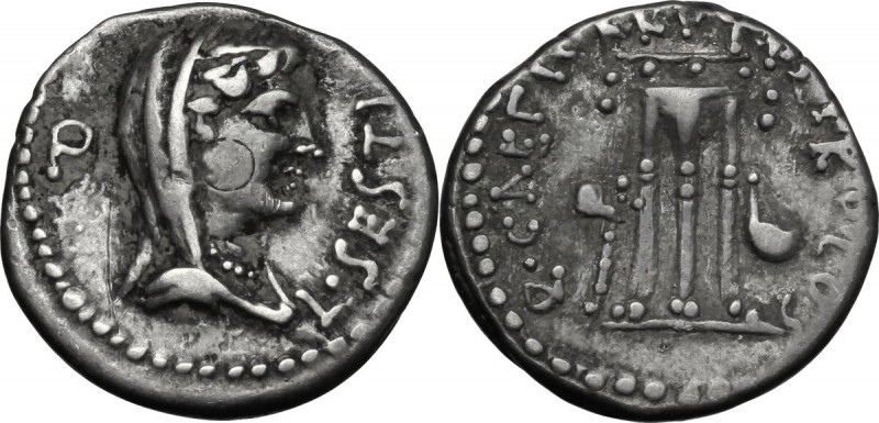 Q. Caepio Brutus and L. Sestius Pro. Q. AR Denarius, 43-42 BC, mint moving with ...