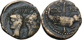 Augustus (27 BC - 14 AD) with Agrippa (died 12 BC). AE As, Nemausus mint, Gaul. IMP/[DIVI F]. Bust of Agrippa, wearing combined rostral crown and laur...