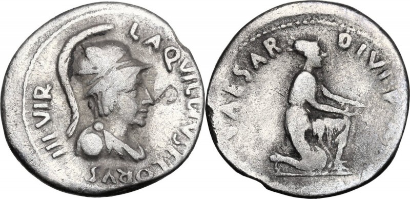 Augustus (27 BC - 14 AD). AR Denarius, Aquillius Florus moneyer, 18 BC. L AQVILL...