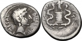 Augustus (27 B.C - 14 AD). AR Quinarius, c. 29-27 BC. CAESAR [IMP VII]. Bare head of Octavian right. / ASIA RECEPTA. Victory standing left on cista my...