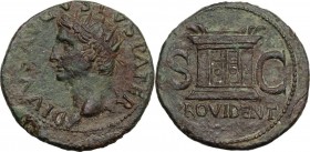 Augustus (27 BC - 14 AD). AE As, struck under Tiberius, c. 22-30 AD. DIVVS AVGVSTVS PATER. Radiate head left. / S-C. Monumental altar; in exergue, PRO...