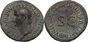 Tiberius (14-37). AE As, 21-22 AD. TI CAESAR DIVI AVG G AVGVST IMP VIII. Bare head left. / PONTIF MAXIM TRIBVN POTEST XXIIII around large SC. RIC I (2...
