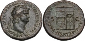 Nero (54-68). AE Sestertius, c. 65 AD. NERO CLAVD CAESAR AVG GER PM TR O IMP PP. Laureate bust right wearing aegis. / PACE PR TERRA MARIQ PARTA IANVM ...