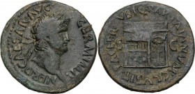 Nero (54-68). AE As. NERO CAESAR AVG GERM IMP. Laureate head right. / PACE PR VBIQ PARTA IANVM CLVSIT SC. View of one front of the temple of Janus wit...