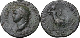 Nero (54-68). AE Dupondius, Lugdunum mint, c. 66 AD. IMP NERO CAESAR AVG P MAX TR P PP. Laureate head left. / SECVRITAS AVGVSTI. Securitas seated righ...