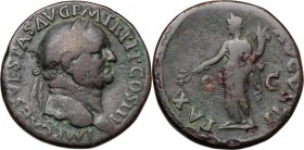 Vespasian (69-79 AD). AE Sestertius, 71 AD. IMP CAES VESPAS AVG P M T R P P P COS III. Laureate head right. / PAX AVGVSTI SC. Pax standing facing, hea...