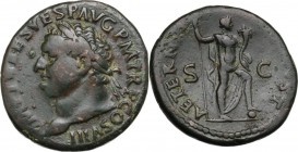 Titus (79-81). AE As, 80-81 AD. IMP T CAES VESP AVG PM TR P COS VIII. Laureate head right. / AETERN[IT AVGV]ST SC. Aeternitas standing right, foot on ...