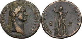 Domitian (81-96). AE As, 88-89 AD. IMP CAES DOMIT AVG GERM COS XIIII CENS PER PP. Laureate head right. / VIRTVTI AVGVSTI SC. Virtus standing right, fo...