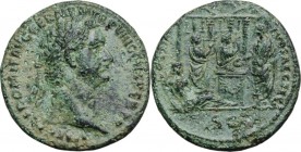 Domitian (81-96). AE As, 88 AD. IMP CAES DOMIT AVG GERM PM TR P VIII CENS PER PP. Laureate head of Domitian right. / Domitian sacrificing over garland...