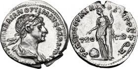 Trajan (98-117). AR Denarius, 114-117 AD. IMP CAES NER TRAIAN OPTIM AVG GERM DAC. Laureate and draped bust right. / PARTHICO P M TR P COS VI P P S P Q...