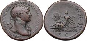 Trajan (98-117). AE Sestertius, 112-114 AD. IMP CAES NERVAE TRAIANO AVG GER DAC PM TR P IMP VI PP. Laureate bust right, with drapery on far shoulder. ...