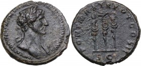 Hadrian (117-138). AE As, 118 AD. IMP CAES DIVI TRA PARTH F DIVI NER NEP TRAIANO HADRIANO AVG. Laureate bust right, with drapery on left shoulder. / P...