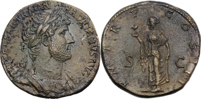 Hadrian (117-138). AE Sestertius, 121 AD. IMP CAESAR TRAIAN HADRIANVS AVG. Laure...