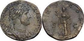 Hadrian (117-138). AE Sestertius, 121 AD. IMP CAESAR TRAIAN HADRIANVS AVG. Laureate and cuirassed bust right. / P M TR P COS III SC. Spes advancing le...