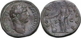 Hadrian (117-138). AE Sestertius, 134-138 AD. HADRIANVS AVG COS III PP. Laureate head right. / FORT[VN]A AVG SC. Fortuna standing left, holding rudder...