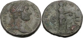 Hadrian (117-138). AE Sestertius, Rome mint. HADRIANVS AVG COS III PP. Laureate bust right, with slight drapery on far shoulder. / SALVS AVG SC. Salus...