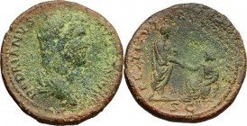 Hadrian (117-138). AE Sestertius. HADRIANVS AVG COS III PP. Draped bust right, head bare. / RESTITVTORI GALLIAE. Hadrian togate, standing right and ex...