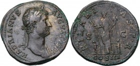 Hadrian (117-138). AE Sestertius, Rome mint. HADRIANVS AVGVSTVS PP. Laureate bust right, with slight drapery on far shoulder. / HILARITAS P.R. COS III...