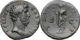Aelius (Caesar 136-138). AE Sestertius, Rome mint, 137 AD. L AELIVS CAESAR. Bare head right. / TR POT COS II SC. Spes advancing left, holding flower a...