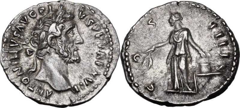 Antoninus Pius (138-161). AR Denarius,. ANTONINVS AVG PIVS P P TR P XVII. Laurea...