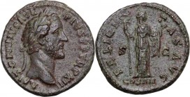 Antoninus Pius (138-161). AE As, 148-149 AD. ANTONINVS AVG PIVS TR P XII. Laureate head right. / FELICITAS AVG COS IIII SC. Felicitas standing right, ...