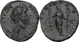 Antoninus Pius (138-161). AE Sestertius, 155-156 AD. ANTONINVS AVG PIVS PP IMP II. Laureate head right. / TR POT XIX COS IIII SC. Fides Exercitus stan...