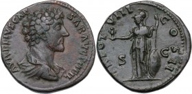 Marcus Aurelius as Caesar (139-161). AE Sestertius, 153-154 AD. AVRELIVS CAESAR AVG PII FIL. Bare-headed, draped and cuirassed bust right. / TR POT VI...