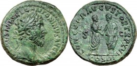 Marcus Aurelius (161-180). AE As, 161-162 AD. IMP CAES M AVREL ANTONINVS AVG PM. Laureate head right. / CONCORD AVGVSTOR TR P XVI COS III SC. Marcus A...
