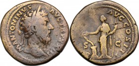 Marcus Aurelius (161-180). AE Sestertius, 168-169 AD. M ANTONINVS AVG T P XXIII. Laureate head right. / [SALVTI] AVG COS III SC. Salus standing left, ...