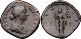 Faustina II, wife of Marcus Aurelius (died 176 AD). AE Sestertius. FAVSTINA AVGVSTA. Draped bust right. / FECVNDITAS SC. Fecunditas standing right, ho...