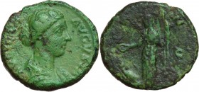 Faustina II, wife of Marcus Aurelius (died 176 AD). AE As. FAVSTINA AVGVSTA. Draped bust right, hair coiled on back of head. / IVNO SC. Juno standing ...