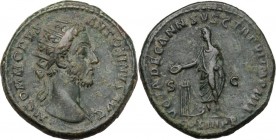 Commodus (177-192). AE Dupondius, 181 AD. M COMMODVS ANTONINVS AVG. Radiate head right. / VOTA DEC ANN SVSC TR P VI IMP IIII COS III PP SC. Commodus s...