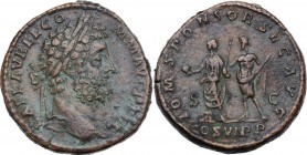 Commodus (177-192). AE Sestertius, 191 AD. L AEL AVREL COMM AVFG P FEL. Laureate head right. / I.O.M. SPONSOR SEC AVG COS VI PP SC. Jupiter standing l...