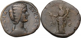 Julia Domna, wife of Septimius Severus (died 217 AD). AE Sestertius, Rome mint. IVLIA AVGVSTA. Draped bust right. / [HILARITAS] SC. Hilaritas standing...