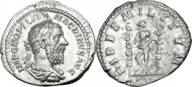 Macrinus (217-218). AR Denarius. IMP C M OPEL SEV MACRINVS AVG. Laureate, draped and cuirassed bust right. / FIDES MILITVM. Fides standing facing, hea...