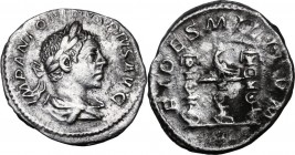 Elagabalus (218-222). AR Denarius. IMP ANTONINVS PIVS AVG. Laureate and draped bust right. / FIDES MILITVM. Legionary eagle between two standards. RIC...