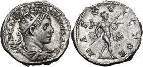 Elagabalus (218-222). AR Antoninianus, Rome mint, 219 AD. IMP CAES ANTONINVS AVG. Radiate, draped and cuirassed bust right. / MARS VICTOR. Mars Victor...