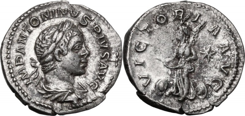 Elagabalus (218-222). AR Denarius, 220-221. AD. IMP ANTONINVS PIVS AVG. Laureate...