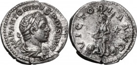 Elagabalus (218-222). AR Denarius, 220-221. AD. IMP ANTONINVS PIVS AVG. Laureate, draped and cuirassed bust right. / VICTORIA AVG. Victory flying left...