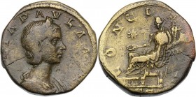 Julia Paula, first wife of Elagabalus (218-222). AE Sestertius. IVLIA PAVLA AVG. Diademed and draped bust right. / CONCORDIA SC. Concordia seated left...