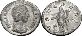 Aquilia Severa, second wife of Elagabalus (220-222). AR Denarius. IVLIA AQVILIA SEVERA AVG. Draped bust right. / CONCORDIA. Concordia standing left, h...