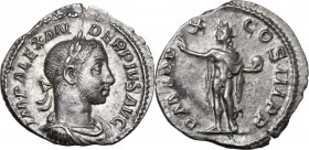 Severus Alexander (222-235 AD). AR Denarius, 231 AD. IMP ALEXANDER PIVS AVG. Laureate, draped and cuirassed bust right. / PM TR P X COS III PP. Sol st...