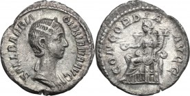 Orbiana, wife of Severus Alexander (225-227). AR Denarius, Rome mint. Special marriage issue, 225 AD. SALL L BARBIA ORBIANA AVG. Diademed and draped b...