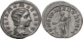 Julia Mamaea, mother of Severus Alexander (died 235 AD). AR Denarius, Rome mint, 222 AD. IVLIA MAMAEA AVG. Draped bust right. / IVNO CONSERVATRIX. Iun...
