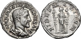 Maximinus I (225-238). AR Denarius, Rome mint, 236 AD. IMP MAXIMINVS PIVS AVG. Laureate, draped and cuirassed bust right. / FIDES MILITVM. Fides stain...