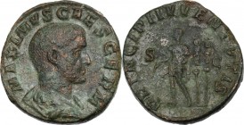 Maximus (Caesar 235-238). AE Sestertius, Rome mint. MAXIMVS CAES GERM. Bare-headed and draped bust right. / PRINCIPI IVVENTVTIS SC. Maximus standing l...