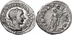 Gordian III (238-244 ). AR Denarius, 240 AD. IMP GORDIANVS PIVS FEL AVG. Laureate, draped and cuirassed bust right. / DIANA LVCIFERA. Diana Lucifera s...