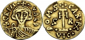 The Lombards at Beneventum. Grimoald III as Dux with Charlesmagne (788-92). AV Tremissis. Diademed and draped bust facing, holding globus cruciger. / ...
