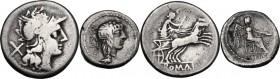 Roman Republic. Multiple lot of two (2) AR coins: Anonymous AR Denarius (Cr. 140/1); M. Cato AR Quinarius (Cr. 343/2b). AR. F:VF.