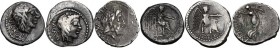 Multiple lot of three (3) AR coins: L. Rubrius Dossenus AR Denarius (Cr. 348/4); M. Cato 2 AR Quinarii (Cr. 343/2b, different control-marks). AR. VF.